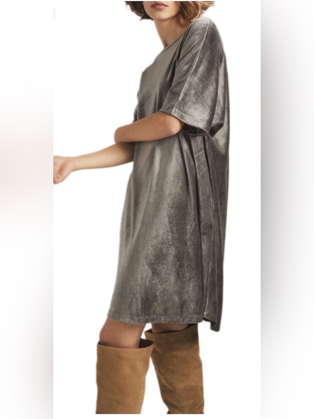 MELISSA NEPTON Velvet Short Sleeve Shift Dress in Charcoal Gray